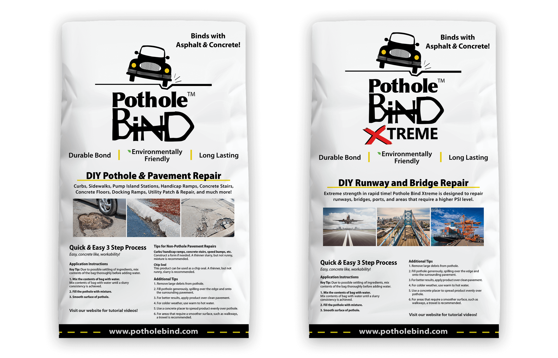 Pothole Bind bags side by side, the source for your DIY Pavement & Pothole Repair
